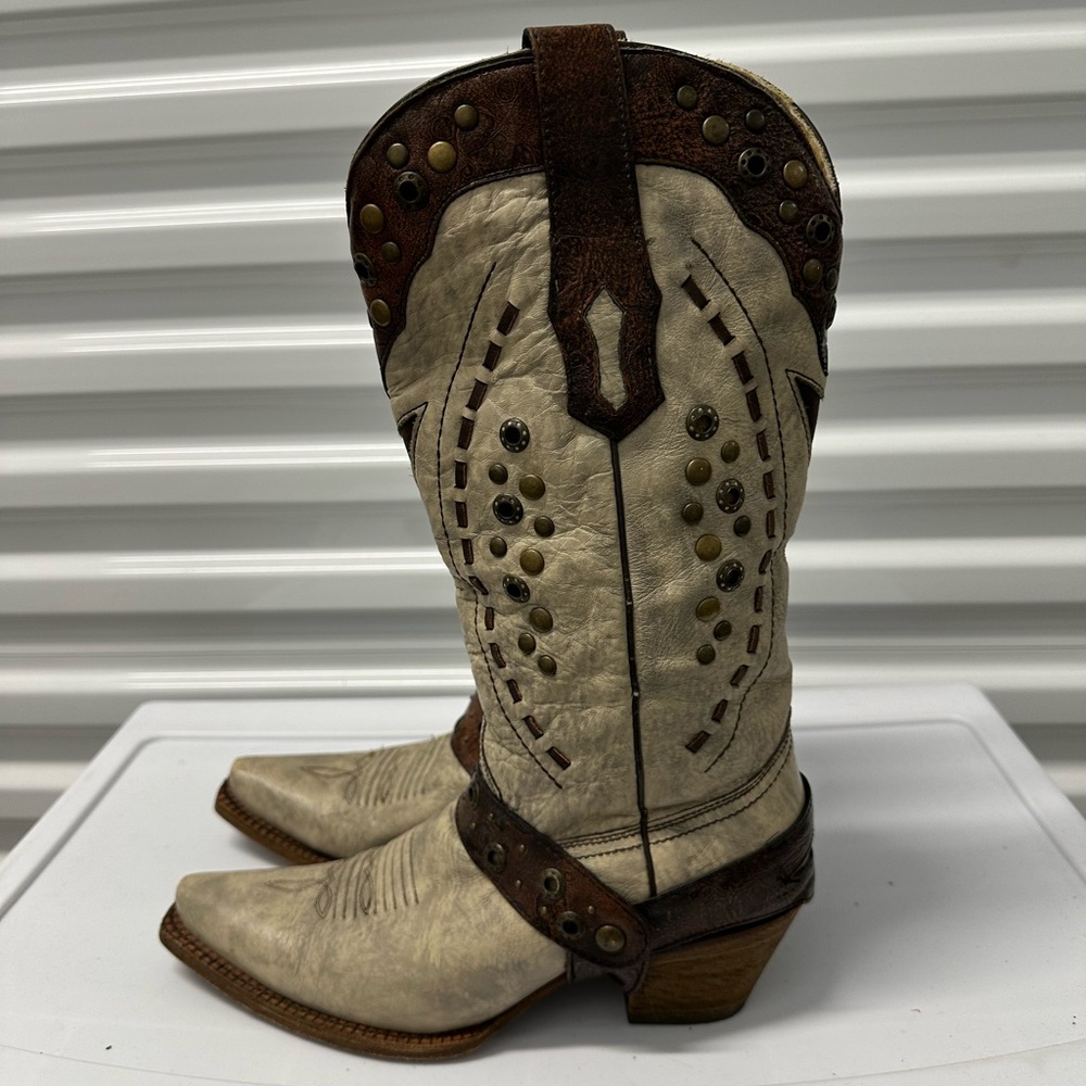 CORRAL VINTAGE distressed taupe & brown leather cowboy boots, womens 8.5